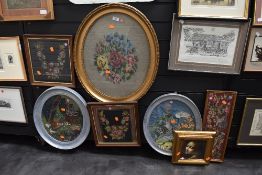 A selection of mixed embroidery needle work and collage some including antique example