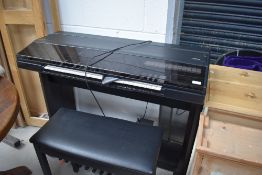 A Yamaha Electone HE-8 two board electric organ with stool stand and two RAM packs