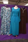 Three wonderfully floaty 1960s maxi dresses, including teal blue chiffon over laid Peterson maid