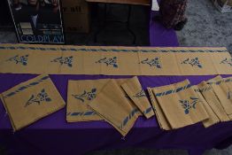 A collection of vintage Hessian pelmets/panels having printed on pattern.