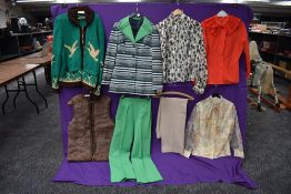 A selection of vintage ladies clothing including blouses, rabbit fur waistcoat,chunky green