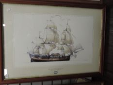 A print, after Ross Shardlow, H M Bark Endeavour, 50 x 80cm, plus frame and glazed