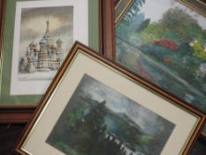 A selection of pictures, inc an oil painting, J Owen, river landscape, 29 x 39cm, plus frame