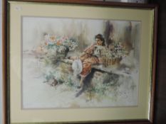 A print, after Sam King, lady reclining, 45 x 60cm, plus frame and glazed, and a similar print,