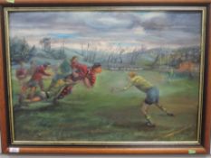 An oil painting, J D Pearce, Vale of Lune RUFC in Full Cry, signed and attributed verso, 50 x