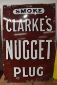 A genuine enamel advertising sign for Clarke's Nugget Plug tobacco