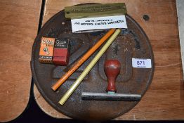 A selection of garage items including pencils metal speed plate local interest PYE motors stamp etc
