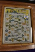 A framed Car Crests Motor Chart presented with Wizard