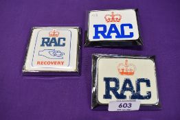 Three motor car engine badges for the RAC including Recovery