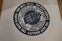 A card advertising sign for Ek's Lancaster and Kendal