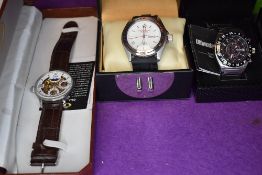 Three gent's fashion wrist watches by Shanghai Tang, Ultimate Chrono & PWC London