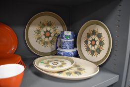 A selection of retro Langley plates,and a blue and white twin handles vase, stamped underside with