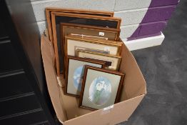 A selection of picture frames and prints also two woodwork veneer pictures