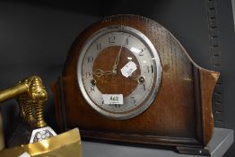 A Smiths style mantle clock having oak case with chime