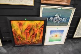 two original art works one abstract and a similar styled print