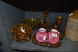 A selection of mixed vintage coloured glass, including dressing table set.