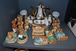 A selection of collectable figures by Pendelfin and a tea service
