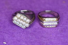 Two gent's white metal rings stamped 925 having diamante decoration, both size U