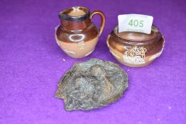 Two miniature ceramics by Royal Doulton Lambeth a squat vase and a HM silver rim small jug
