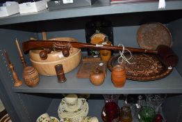 A selection of wood treen wares including dishes and bowls also mahogany instrument possibly