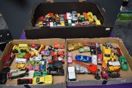 Three boxes of playworn diecasts including Matchbox Lesney, Corgi, Models of Yesteryear, Matchbox