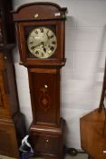 A small size long case clock having mahogany case and inlayed detailing