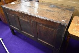 A period oak three panel kist/coffer , dated 1727, WTA monogram, width approx. 132cm