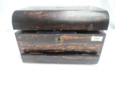 A Victorian treen travel/dressing table vanity box having engraved white metal hinges, blue velvet