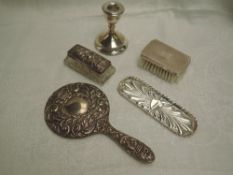 A selection of HM silver including clothes brush, hand mirror, trinket dish and tray and small
