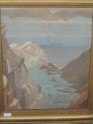 An oil painting, attributed to Theodore Howard Somervell, Climbing on Skye, attributed verso, 50 x
