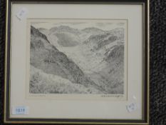 A print, after Alfred Wainwright, Langstrath, signed, 17 x 20cm, plus frame and glazed