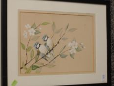 A watercolour, Crank, Blue Tits, signed , 34 x 24cn, plus frame and glazed