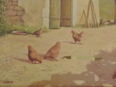 An oil painting on board, Ian Parker, farmyard hens, 34 x 43cm, plus frame and glazed