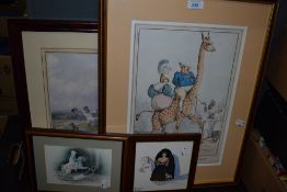 A selection of prints and a hand decorated Spanish style tile