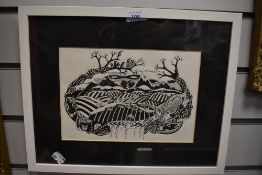 A wood block print depicting landscape flora and fauna after H.Paleman 2014