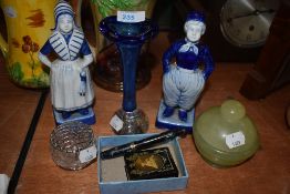 Two Dutch styled porcelain spill vase a Victorian vesta case and an ink pen marked Unique