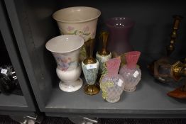 A pair of antique clear to pink hand worked jugs having green handles and Spode Velamour vase
