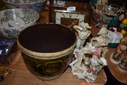 An art deco Smith mantle clock three bisque mantle garnitures and a West German plant bowl