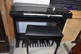 A Yamaha Electone HE-8 two board electric organ with stool stand and two RAM packs