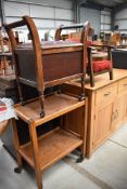 An early 20th Century oak tea trolley, piano stool and childs tub chair