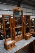 A modern pine dressing table style tri fold mirror with two jewellery drawers