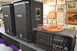 A Ross Systems PC6400B powered mixer, with a pair of Peavey HiSys 2XT speaker and jack to speakon