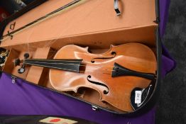A traditional viola in vintage card case, bow stamped japan
