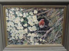 An oil painting, Henry Sowerby, robin amidst flowers, signed, 24 x 34cm, plus frame and glazed