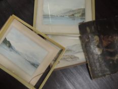 A watercolour, F G Hudson, coastal scene, signed and dated 1956, a pair of watercolours, lake