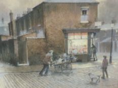 A pastel sketch, Tom Brown, Corner Shop, signed and attributed verso, 26 x 38cm, plus frame and