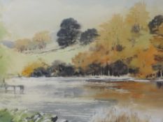 A watercolour, E Greig Hall, Ratherheath Tarn, signed, attributed verso and dated (19)95, 27 x 37cm,