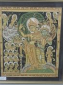 A cloth painting, Far Eastern dancers, 33 x 27cm, plus frame and glazed