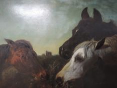 An oil painting, three ponies, 75 x 75cm, plus frame