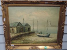 An oil painting, D Stone, harbour scene, signed, 40 x 50cm, plus frame